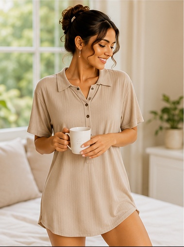 Women’s Beige Button Front Short Sleeve Sleep T-Shirt Nightwear